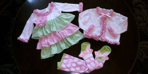 Mud Pie girls 0-6M (runs big) pink green ruffled dress cardigan tights