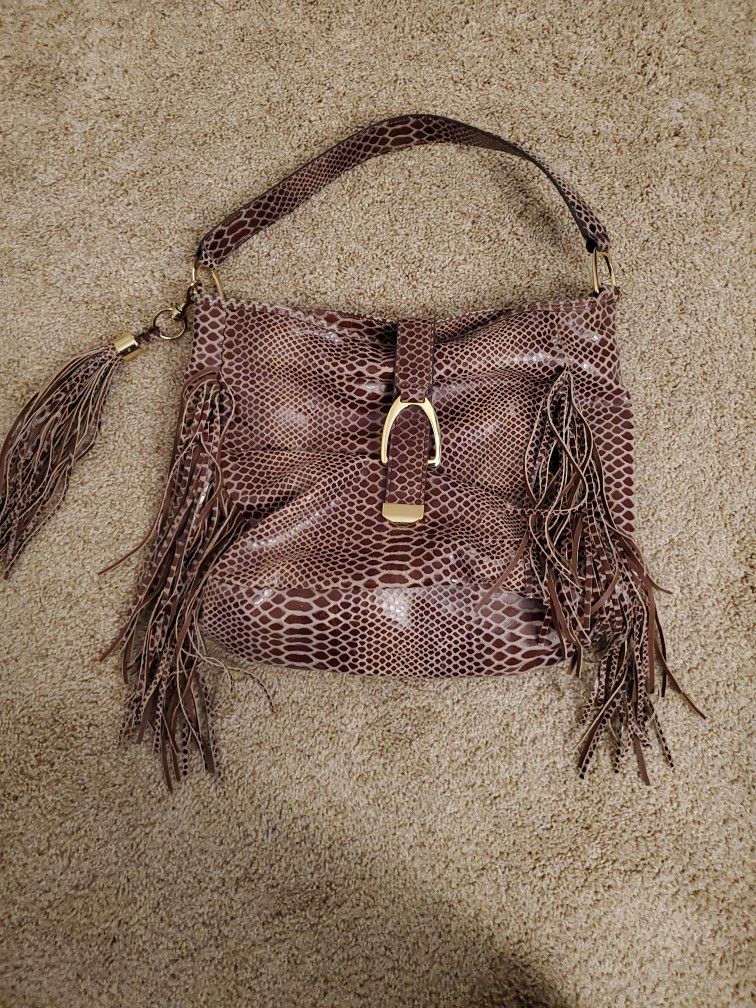GILI Leather Stirrup Hobo Bag With Fringe