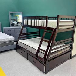 NEW🔥🔥$10 Down Payment Finance ▪️Brown California Twin/Full Bunk Bed With 2 Drawers 