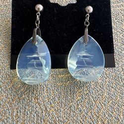 Vintage Hand-carved faceted blue glass pagoda drop earrings with sterling silver bale; vintage; 1950’s; Asian oriental motif In good condition
