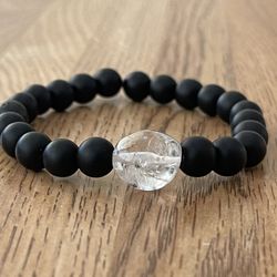 NATURAL Charged Crystal Quartz & Onyx Bracelet (known For: healer, Protect Against Negativity, Calm Emotions, Reduce Stress)