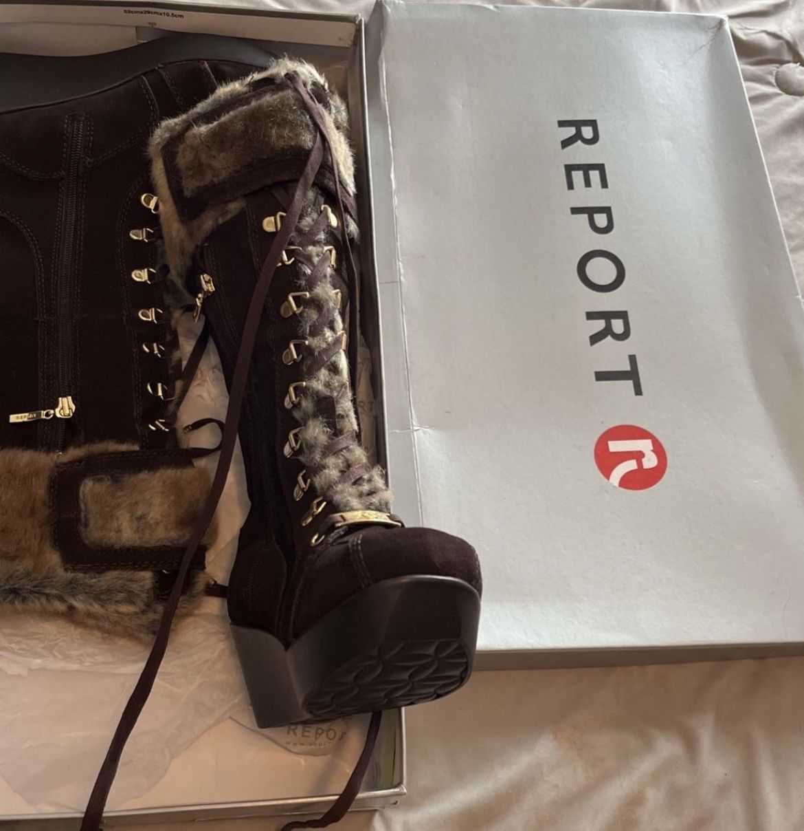 Report Shoes Women's Report Leather Leather Lace Cascade Fur Boots