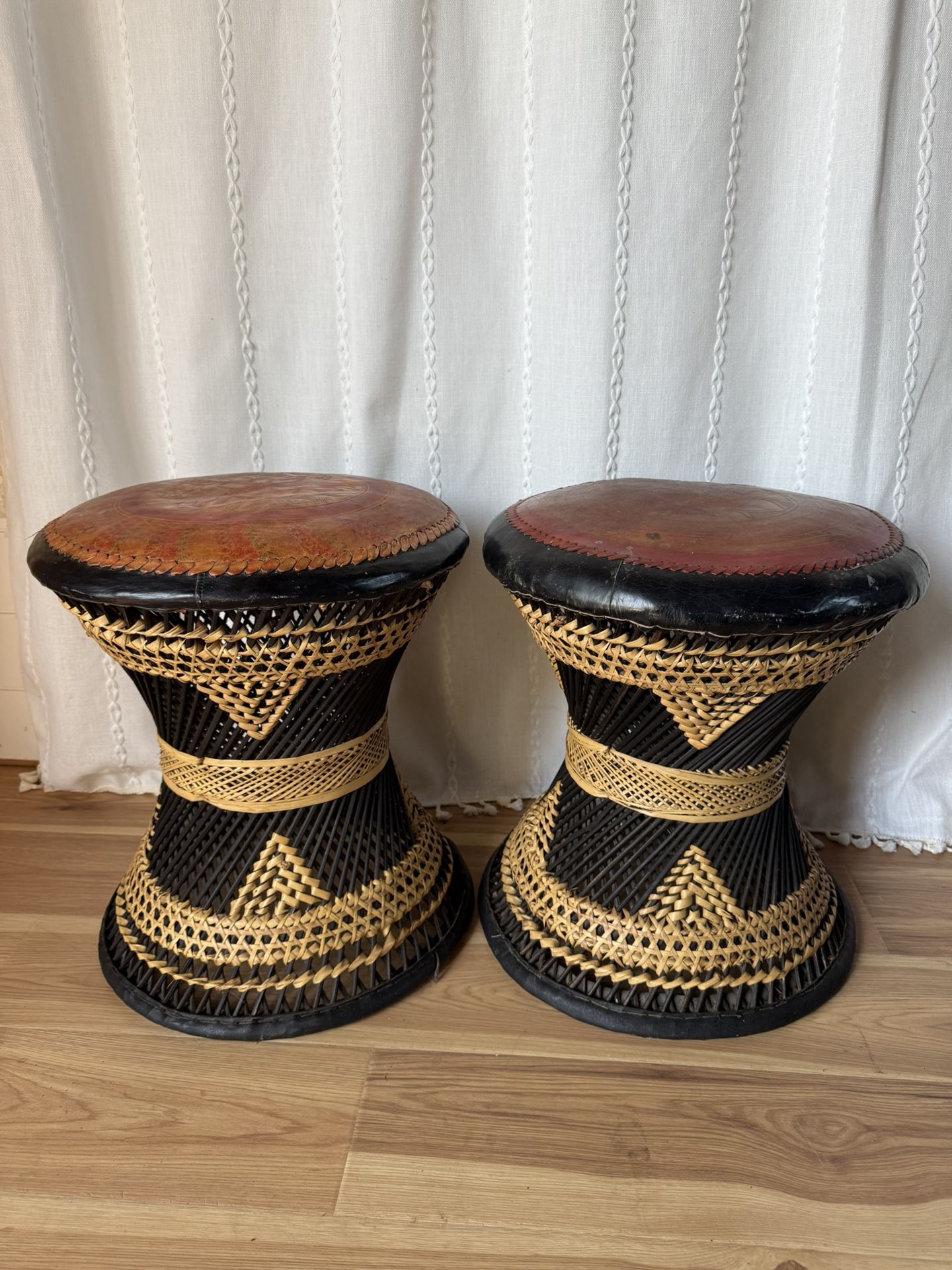 Pair Of Vintage Anglo Indian Leather And Wicker Pouf Stools
