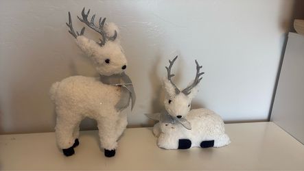 White Plush Reindeer Christmas Decorations Set of 2