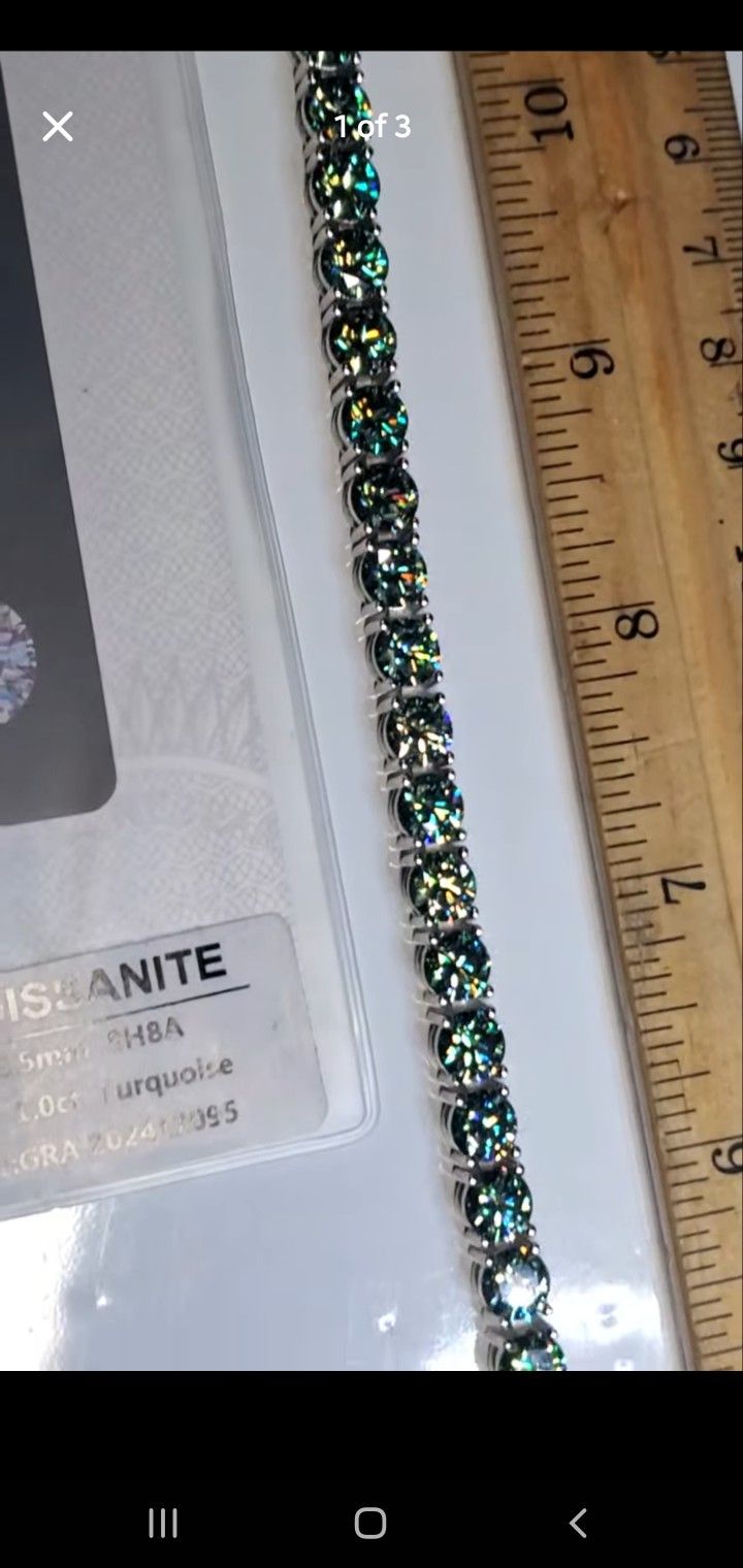 8" Inch Ocean Green/Blue Turquoise Moissanite Braclet, 925 Sterling Silver, Passes Diamond Tester