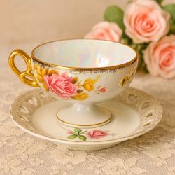 Japanese 1950s Lusterware Cup & Reticulated Saucer Roses Gold Trim Mix Match