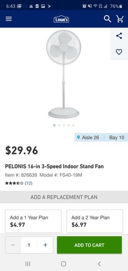 Pelonis 16" 3 speed indoor stand fan