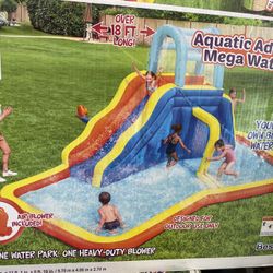 🔥💦 The Aquatic Adventure™ Mega Water Park is the ideal backyard play experience. This inflatable water park features a safe and sturdy water slide, 