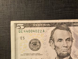 Fancy Serial Number $5 bill, three pairs