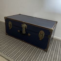 Vintage Steamer Trunk Storage Chest Blue w/ Brass Hardware