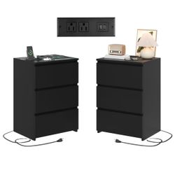 Homfa 3 Drawers Nightstand Set of 2 with Charging Station, Modern End Side Table, Wooden Storage Cabinet for Bedroom Living Room, Black