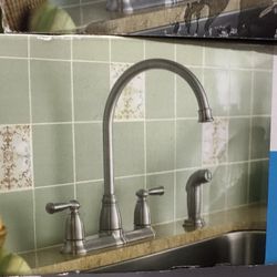 MOEN Banbury Two-Handle Kitchen Faucet with Side Sprayer in Stainless Steel Finish 