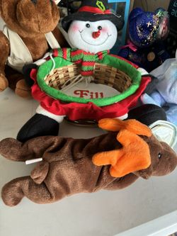 TY Stuffed Animals (4) & A Snowman Candy Dish & Christmas Stuffed Animal 