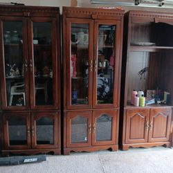3 Piece Cherry wood Curio Cabinets & bookshelf 