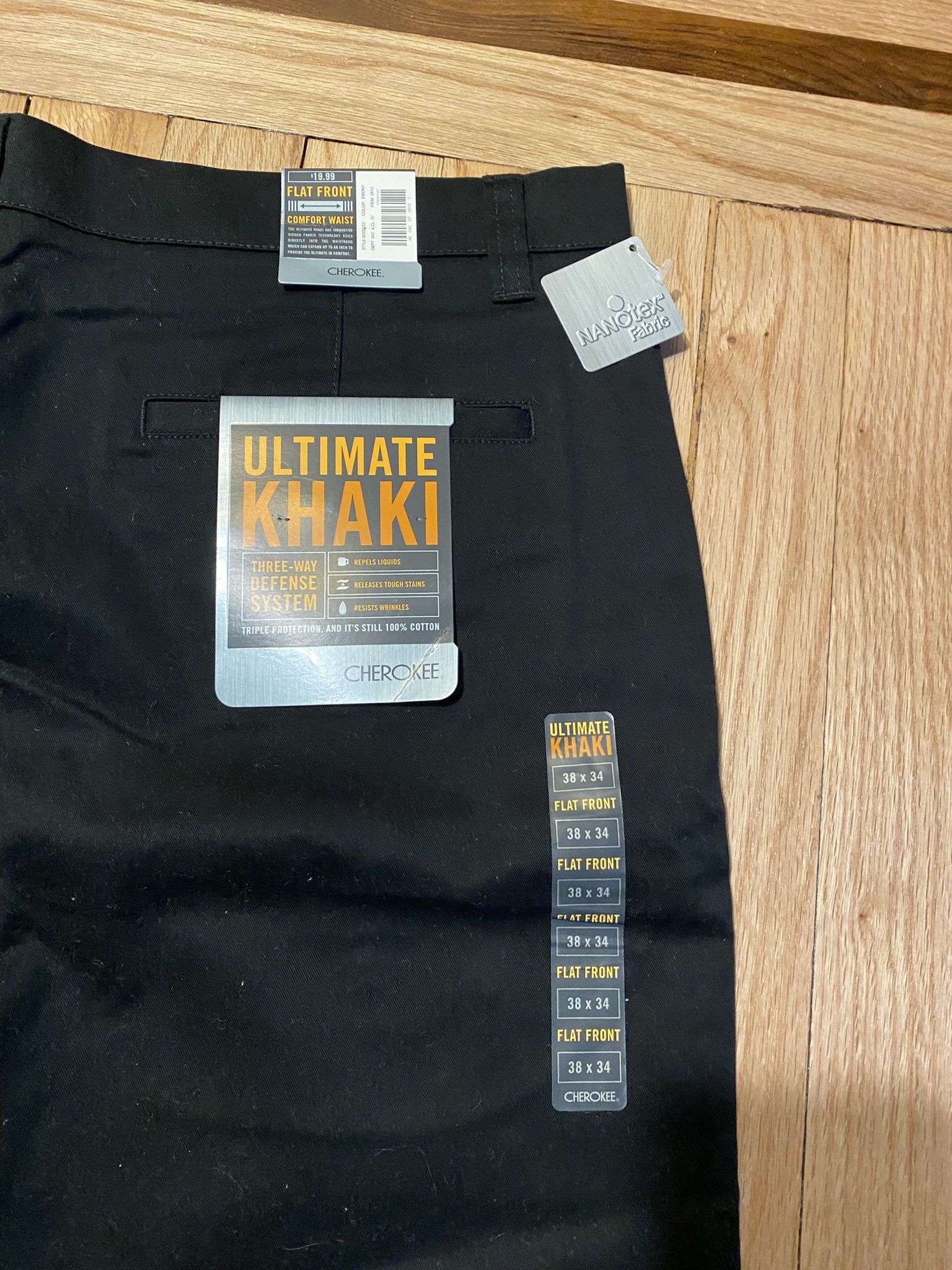 New Men’s Cherokee Flat Front Black Ultimate Khaki Pant 38 x 34 NEW WITH TAGS