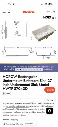HOROW Rectangular Undermount Bathroom Sink 27 Inch Undermount Sink Model HWTP-S7040D