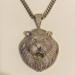 14k White Gold Filled Finish LION With Miami Cuban Chain