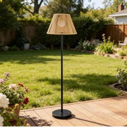 Solar Outdoor Floor Lamp with Rattan Shade, Adjustable Height. K 276