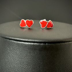 925 Sterling Silver Double Red Heart Stud Earrings – Love Earrings Gift for Women & Girls