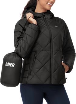 MIER Womens Puffer Jacket Dark Grey Lightweight Packable Quilted Winter Coat with Hood