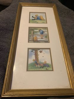 Vintage Disney Classic Pooh Framed Wall Art Triple Print Nursery Decor Winnie the Pooh