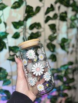 Flower Glass Cup 16oz with Straw, Lid, and Straw Cleaner! 