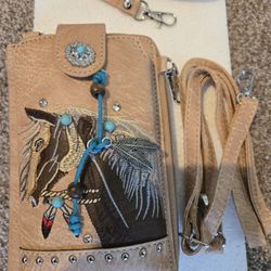 Tan Embroidered Horse Crossbody Western Phone Wallet 