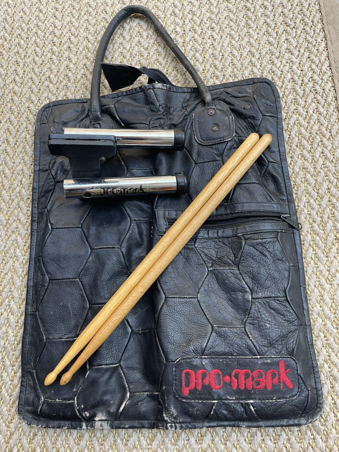 Leather Patchwork Stick Bag W/ Pair Of sticks, ,& clip on stick holder. If You’re A Promark Fan/collector this ( 1 Of A Kind?) Bag may be for you