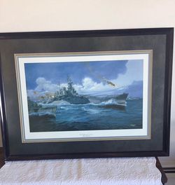 The Fighting Carolina, USS North Carolina (BB55). Tom Freeman 1998 ,Triple Matted And Framed 36x27