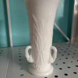 Westmoreland Milk Glass vase featuring a "Swan and Cattails" pattern