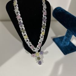 18k White Gold Plated Silver Multi Color Flower Cross Necklace Chain 