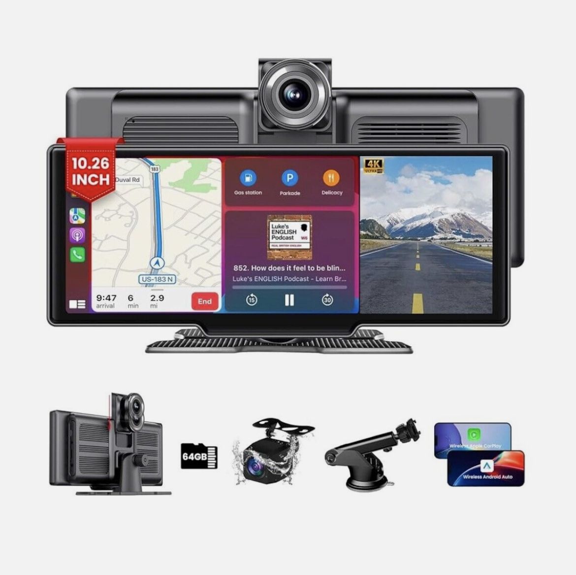 SANPTENT Wireless Apple CarPlay Portable Car Stereo, 10.26", Dash & Rear Cameras