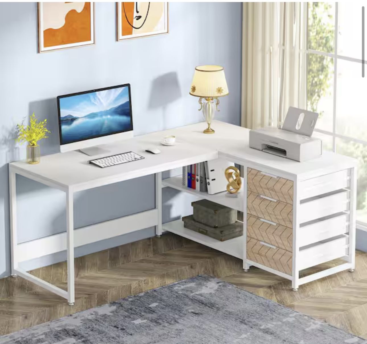 Lanita 59 in. L Shaped White Wood 4-Drawer Computer Desk with Storage, Reversible Corner Desk Study Writing Table