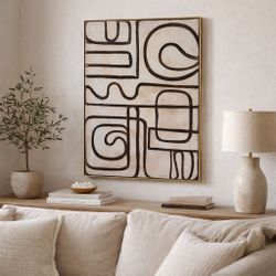 Large Textured Abstract Wall Art with Gold Frame – Modern Organic Statement Canvas | Designer Style