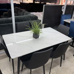 7 Pcs Dining Set 6 Black Leather Chairs 1 Real Stone White Table Top