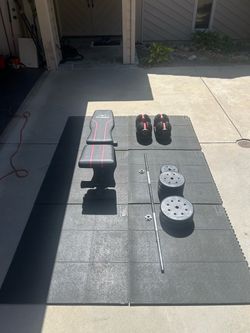 Workout Equipment-Bench, Straight Bar w/Weights, Bowflex Adj Dumbbells