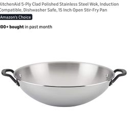 KitchenAid 5-Ply Clad Polished Stainless Steel Wok, Induction Compatible, Dishwasher Safe, 15 Inch Open Stir-Fry Pan