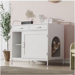 Double Drawer Cat Litter Box Cabinet - Hidden Enclosure Furniture with 2 Storage Organizers & Tall Legs, Wooden End Table for Indoor Cats (White, 34.8