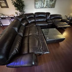 Large Brown Faux Leather Sectional For Sale With Matching Ottoman 