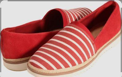  Clarks Serena Paige women's loafer in red textile and suede with white stripes. 