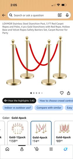 4 pcs Gold Stanchions with Red Rope