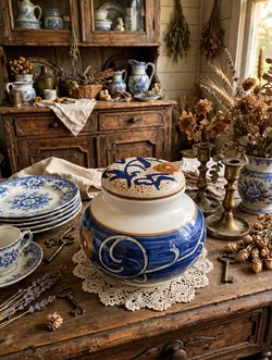 Blue and White Hand-Painted Lidded Jar