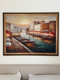 Large Framed Venice Canal Impressionist Oil Painting