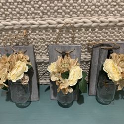 Mason Jar Hanging Wall Decor with Flowers. Set of 3 LOOK!!