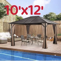 10'x12' Patio Hardtop Gazebo with Fully Enclosed Zip Curtains and Breathable Mesh, Outdoor Metal Hardtop Gazebo for Garden, Lawn, Outdoor Party(Brown)