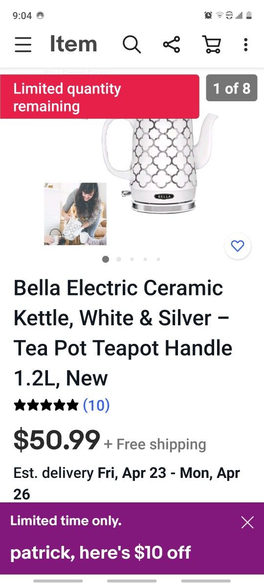 Bella Electric Ceramic Kettle, White & Silver - Tea Pot Teapot Handle 1.2L, New