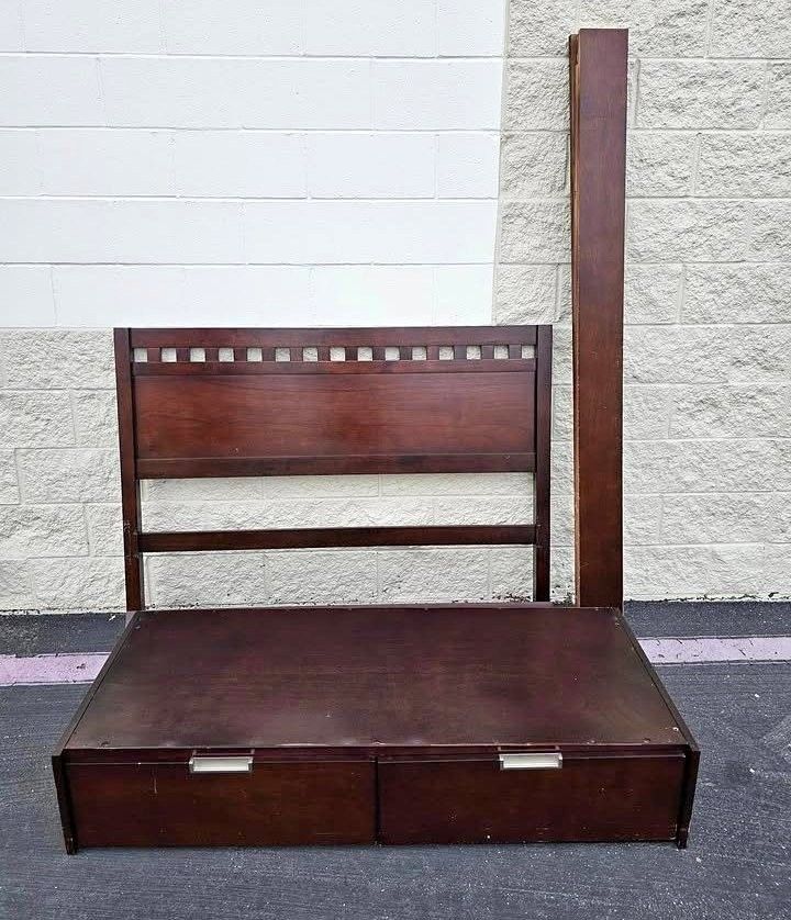 Mid Century Modern Design Walnut Storage Bed w/ 2 Drawers - Full Size