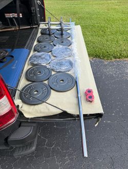 7’ Standard Barbell, Weights, Quick Locking Collars and Dumbbells Handles- All New