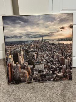 Large Framed New York City Skyline Canvas Wall Art – Panoramic NYC Aerial Print (40”x40”)
