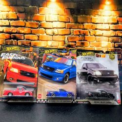 Hot Wheels Premium Car Culture Ford F150 SVT Lightning blue and  black And Red  Fast And Furious lot 3